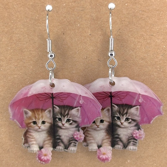 Fashion Jewelry Jewelry - Umbrella Cat Dangle Earrings 2D Acrylic Cartoon